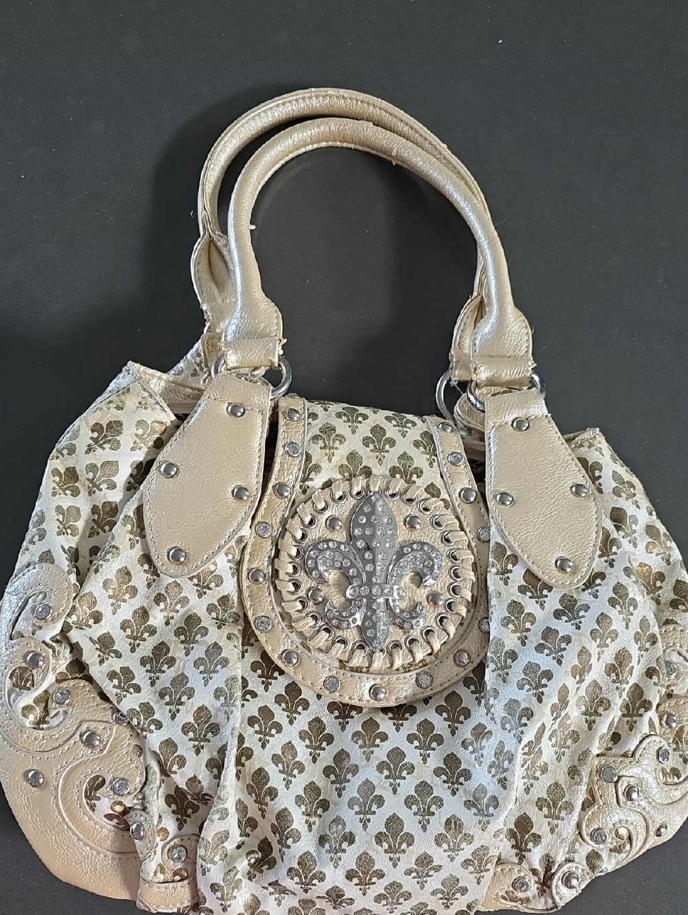 Gold Embellished Fleur-de-Lis Shoulder Bag